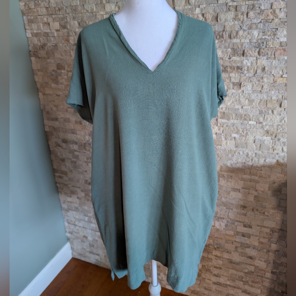 Linen Blend V Neck Dolman Sleeve Tunic Dress Teal Coastal Boho Seafoam Green M